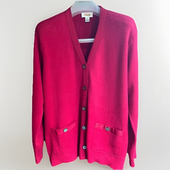 Talbots Knit Red Grosgrain Trim Cardigan Sweater Pearl Button Front LongSleeve M - Picture 1 of 12